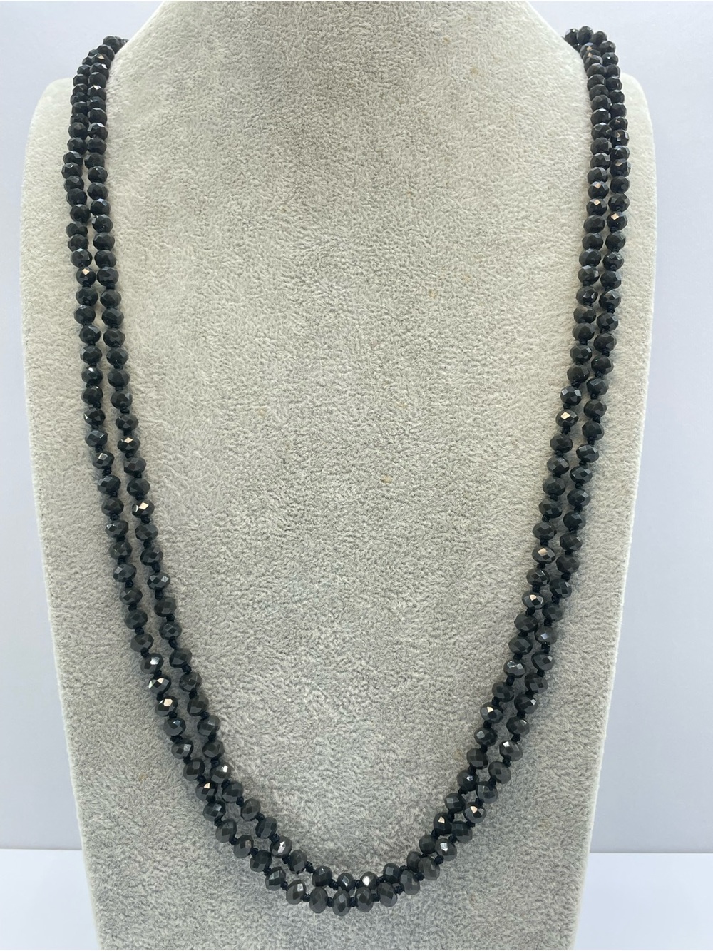 Vintage Black Crystal Glass Beaded Long Necklace Knotted Faceted Statement